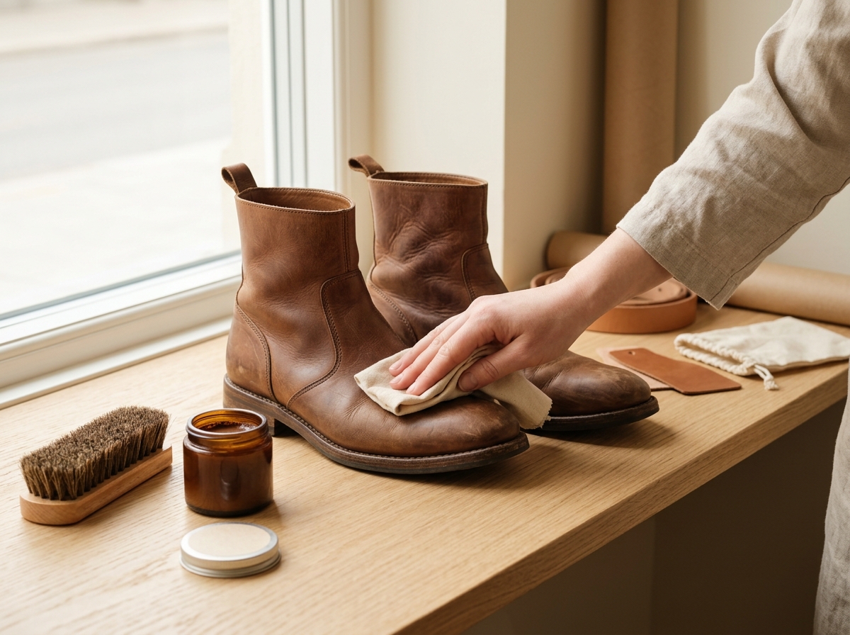 강한 햇빛에 노출되면 가죽이 수축되어 형태가 망가질 수 있습니다. 신발이 완전히 건조된 후에는 구두약이나 가죽 클리너로 표면을 닦아주는 것이 좋습니다.